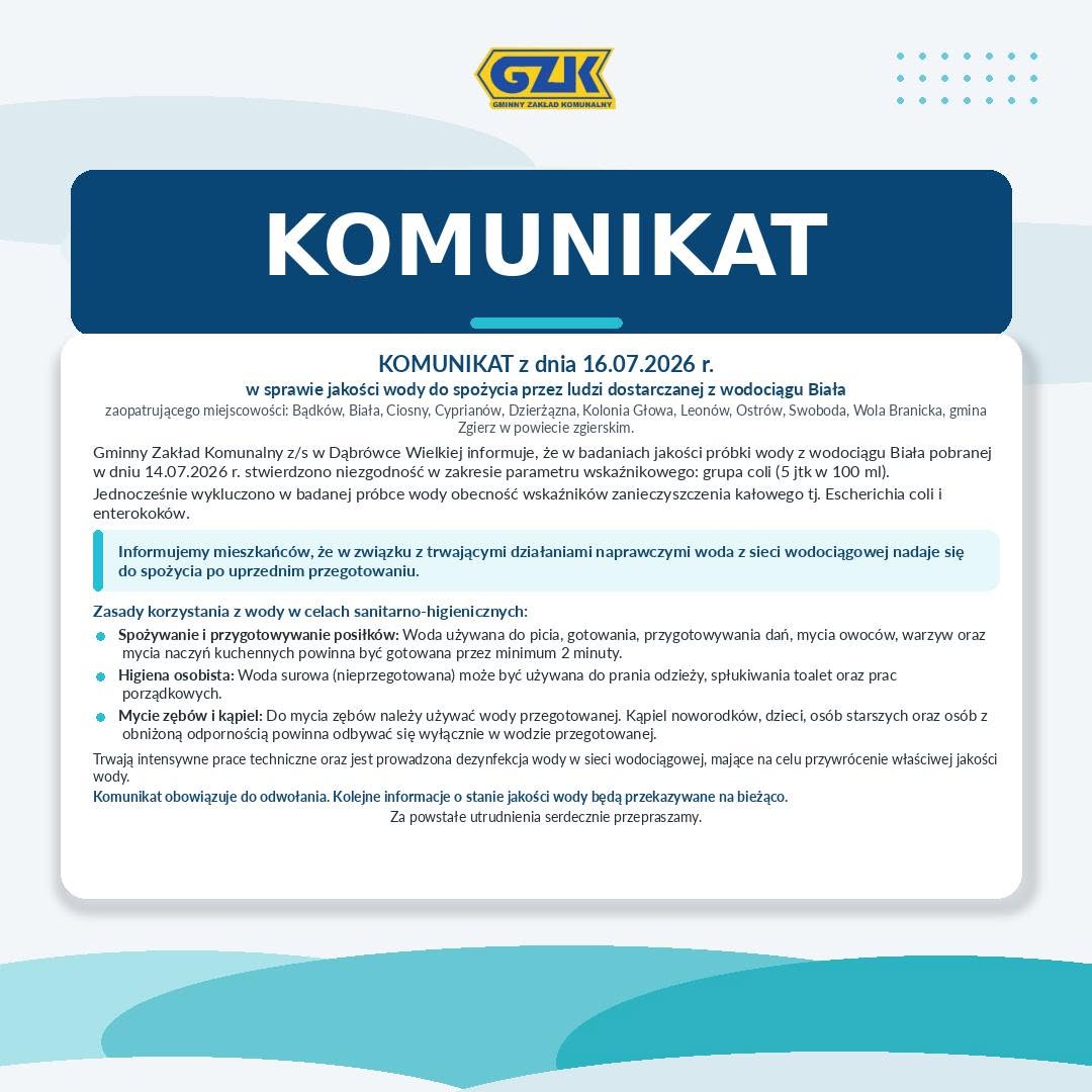 <br />
<br />
KOMUNIKAT z dnia 16.07.2026 r.<br />
w sprawie jakości wody do spożycia przez ludzi dostarczanej z wodociągu Biała <br />
<br />
zaopatrującego miejscowości: Bądków, Biała, Ciosny, Cyprianów, Dzierżązna, Kolonia Głowa, Leonów, Ostrów, Swoboda, Wola Branicka, gmina Zgierz w powiecie zgierskim.<br />
Gminny Zakład Komunalny z/s w Dąbrówce Wielkiej informuje, że w badaniach jakości próbki wody z wodociągu Biała pobranej w dniu 14.07.2026 r. stwierdzono  niezgodność  w zakresie parametru wskaźnikowego: grupa coli (5 jtk w 100 ml).<br />
Jednocześnie wykluczono w badanej próbce wody obecność wskaźników zanieczyszczenia kałowego tj. Escherichii coli i enterokoków. <br />
<br />
Informujemy mieszkańców, że w związku z trwającymi działaniami naprawczymi woda z sieci wodociągowej nadaje się do spożycia po uprzednim przegotowaniu.<br />
<br />
Zasady korzystania z wody w celach sanitarno-higienicznych:<br />
•	Spożywanie i przygotowywanie posiłków: Woda używana do picia, gotowania, przygotowywania dań, mycia owoców, warzyw oraz mycia naczyń kuchennych powinna być gotowana przez minimum 2 minuty.<br />
•	Higiena osobista: Woda surowa (nieprzegotowana) może być używana do prania odzieży, spłukiwania toalet oraz prac porządkowych.<br />
•	Mycie zębów i kąpiel: Do mycia zębów należy używać wody przegotowanej. Kąpiel noworodków, dzieci, osób starszych oraz osób z obniżoną odpornością powinna odbywać się wyłącznie w wodzie przegotowanej.<br />
<br />
Trwają intensywne prace techniczne oraz jest prowadzona dezynfekcja wody w sieci wodociągowej, mające na celu przywrócenie właściwej jakości wody.<br />
Komunikat obowiązuje do odwołania. Kolejne informacje o stanie jakości wody będą przekazywane na bieżąco.<br />
Za powstałe utrudnienia serdecznie przepraszamy.<br />
<br />
